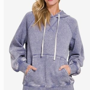 Zenana Outfitters Washed Denim Blue Hooded Sweatshirt